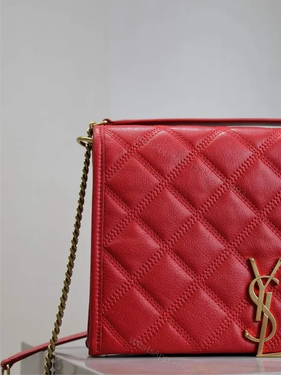 View 4 of Radiant Red Quilted Leather Crossbody Bag with Gold Emblem