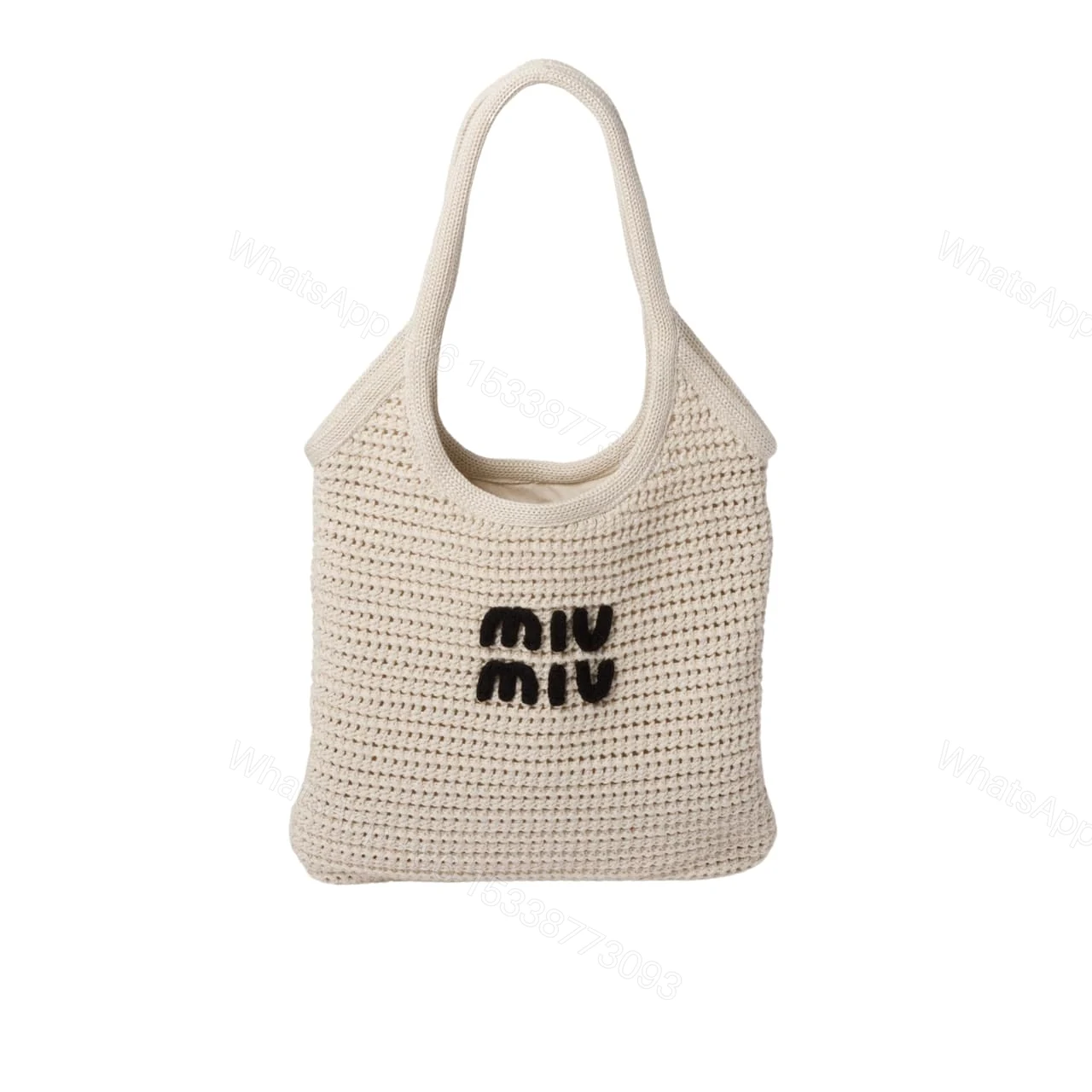 MIUMIU RAFFIA EFFECT YARN AND COTTON TOTE BAG CHALK WHITE AND BLACK 36CM 5BG231 2CQY F0N13 V MRO — view 1