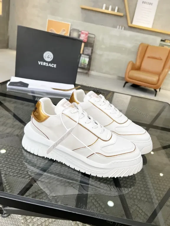 View 2 of White Leather Luxe Sneaker with Gold Accents, Versace-Inspired