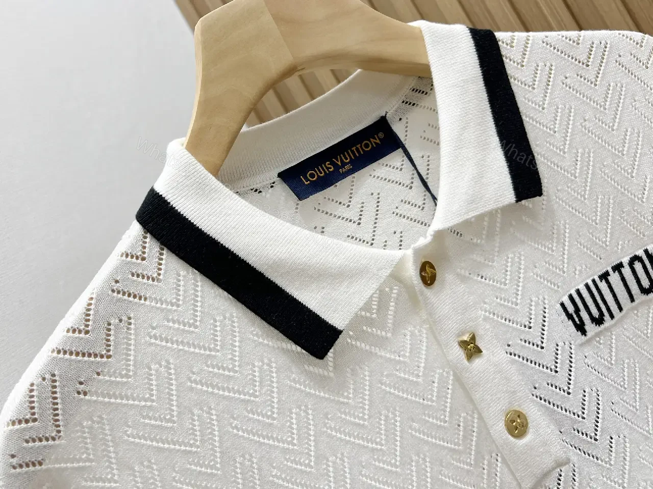 View 5 of White Knit Polo Cotton Classic Louis Vuitton Logo Polo Shirt