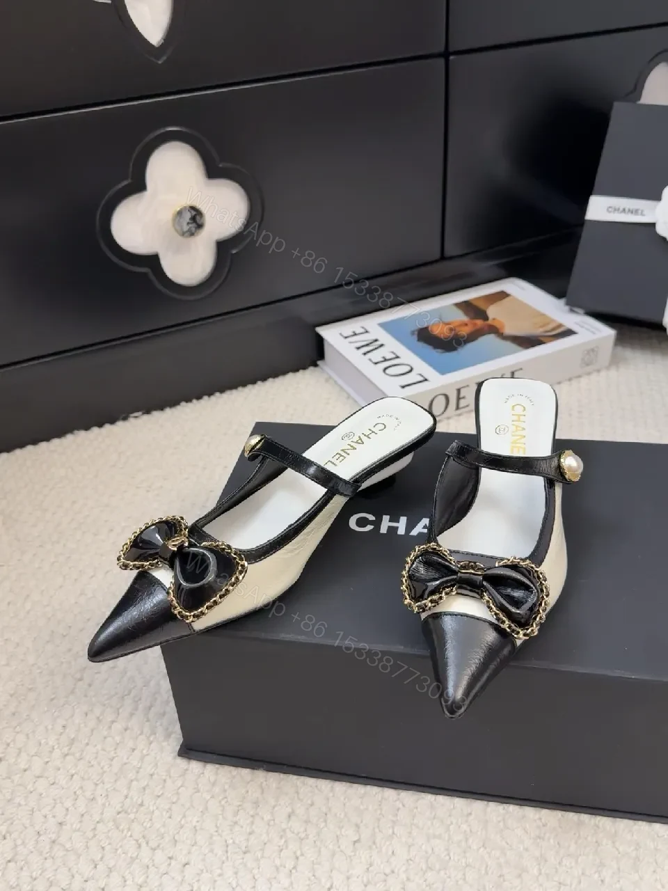 Chic Ivory-Black Pearl-Trim Bow Pointed-Toe Mules — view 1