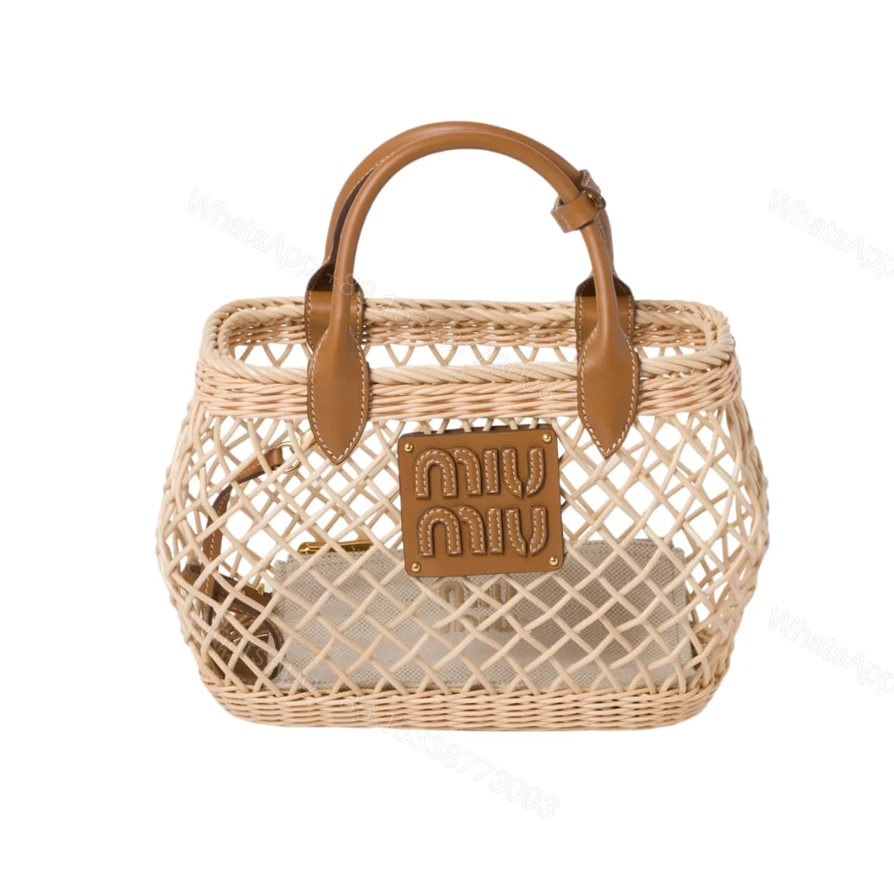MIUMIU WOVEN FABRIC HANDBAG TAN AND CARAMEL 25CM 5BA286 2CQV F0KFZ V OOO — view 1
