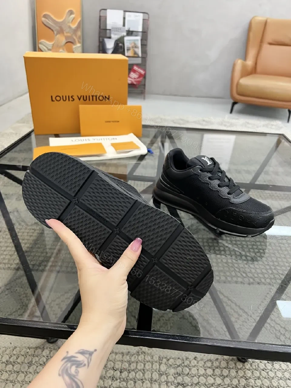 View 6 of Black Leather-Textured Runner with Signature Detailing Sneakers