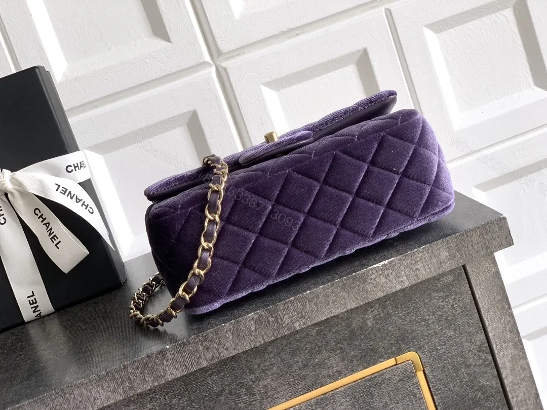 View 7 of Velvet Quilted Flap Bag with Gold Hardware - Chic Purple