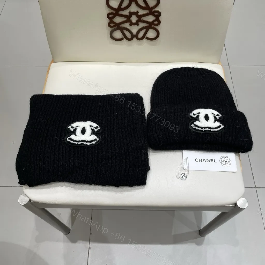 Luxe Black Knit Set: Beanie & Scarf with Emblem — view 1