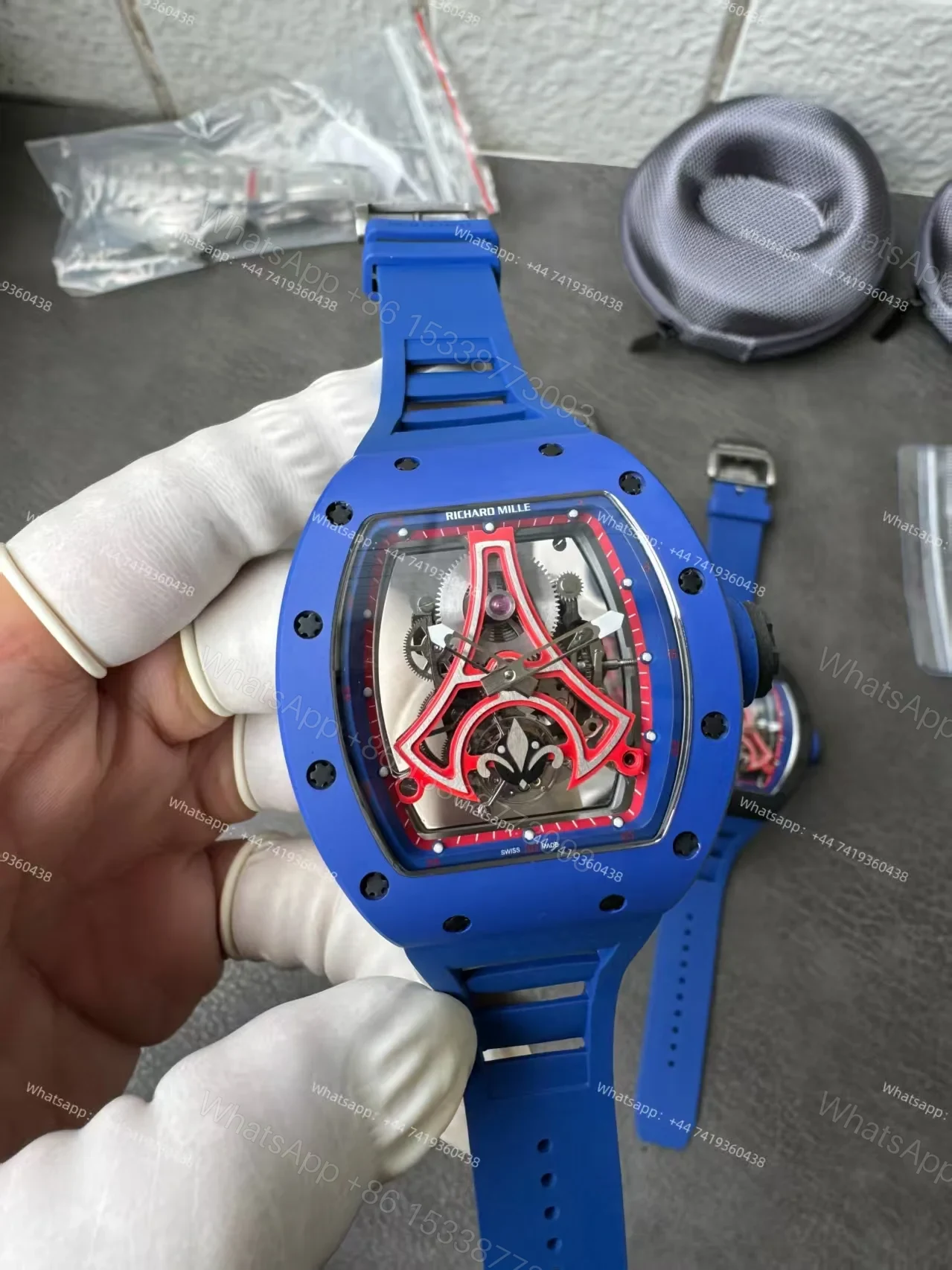 View 3 of Super Clone Richard Mille RM52-03 Blue Ceramic Paris Saint-Germain Skeleton Tourbillon 1:1 Replica Watch