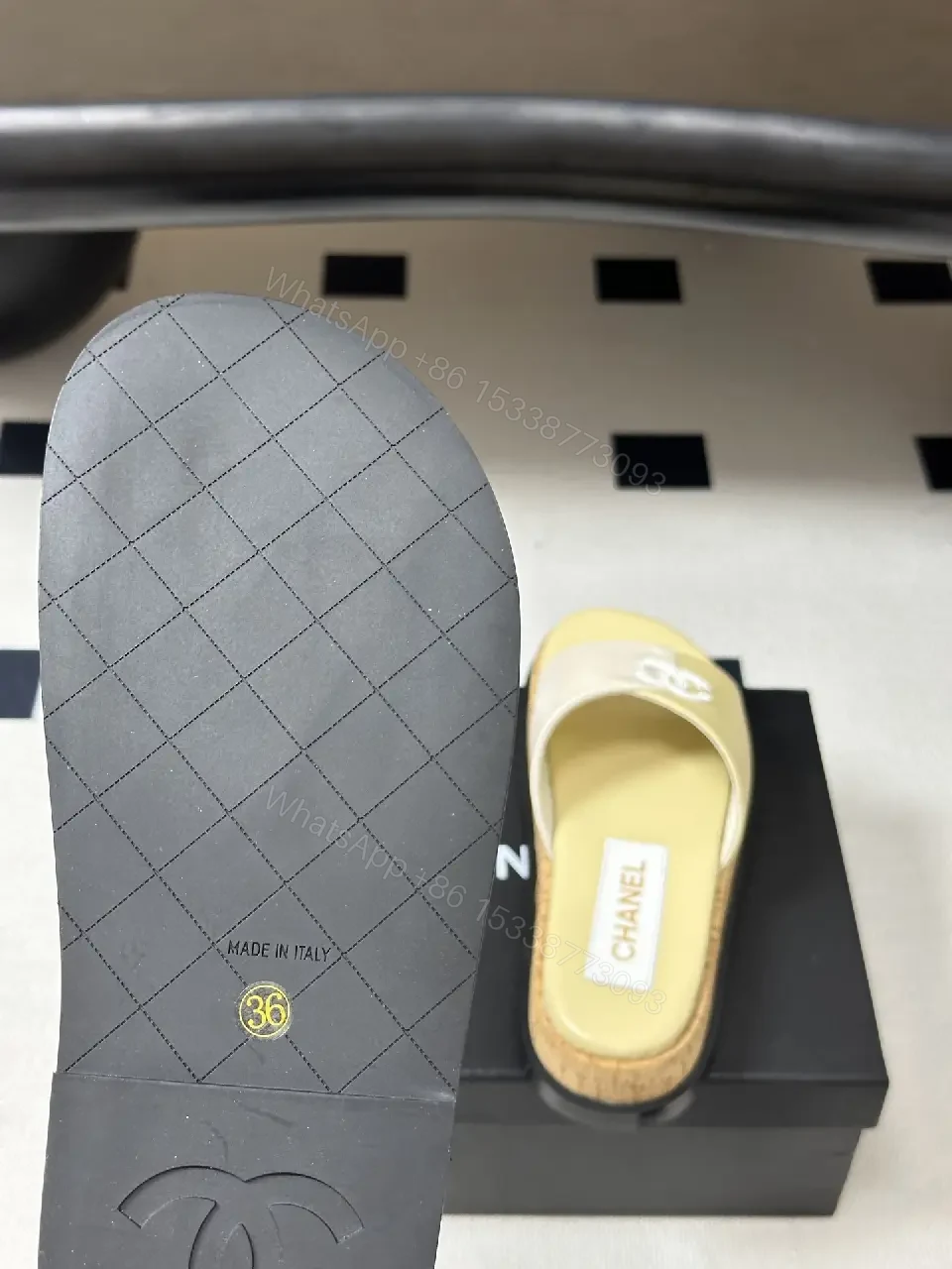 View 3 of Beige Leather Chanel-Logo Espadrille Sandals