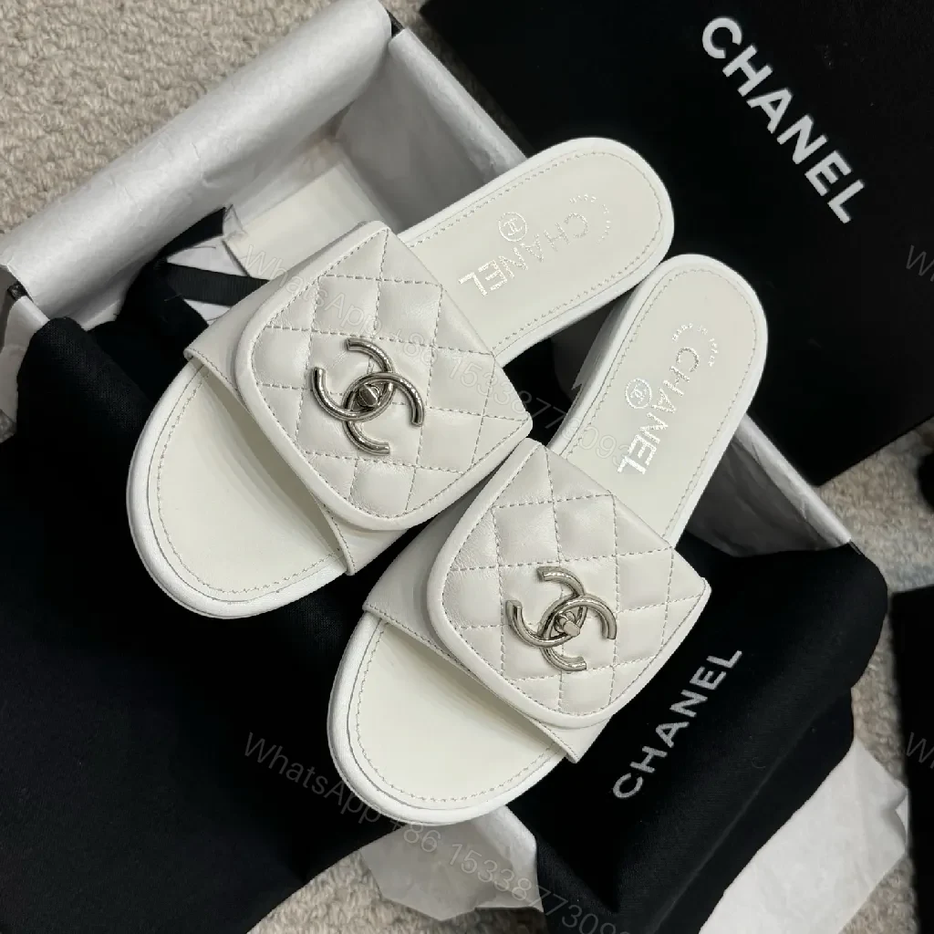 View 4 of Quilted White Leather Slides with Logo Detail, Open-Toe Slide, Luxury Comfort