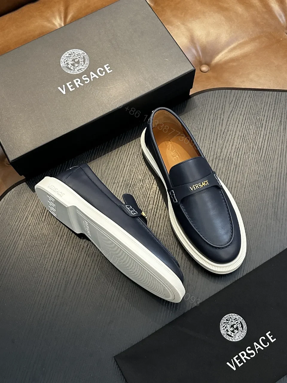 View 3 of Navy Leather Driver Loafers with Gold Hardware Details