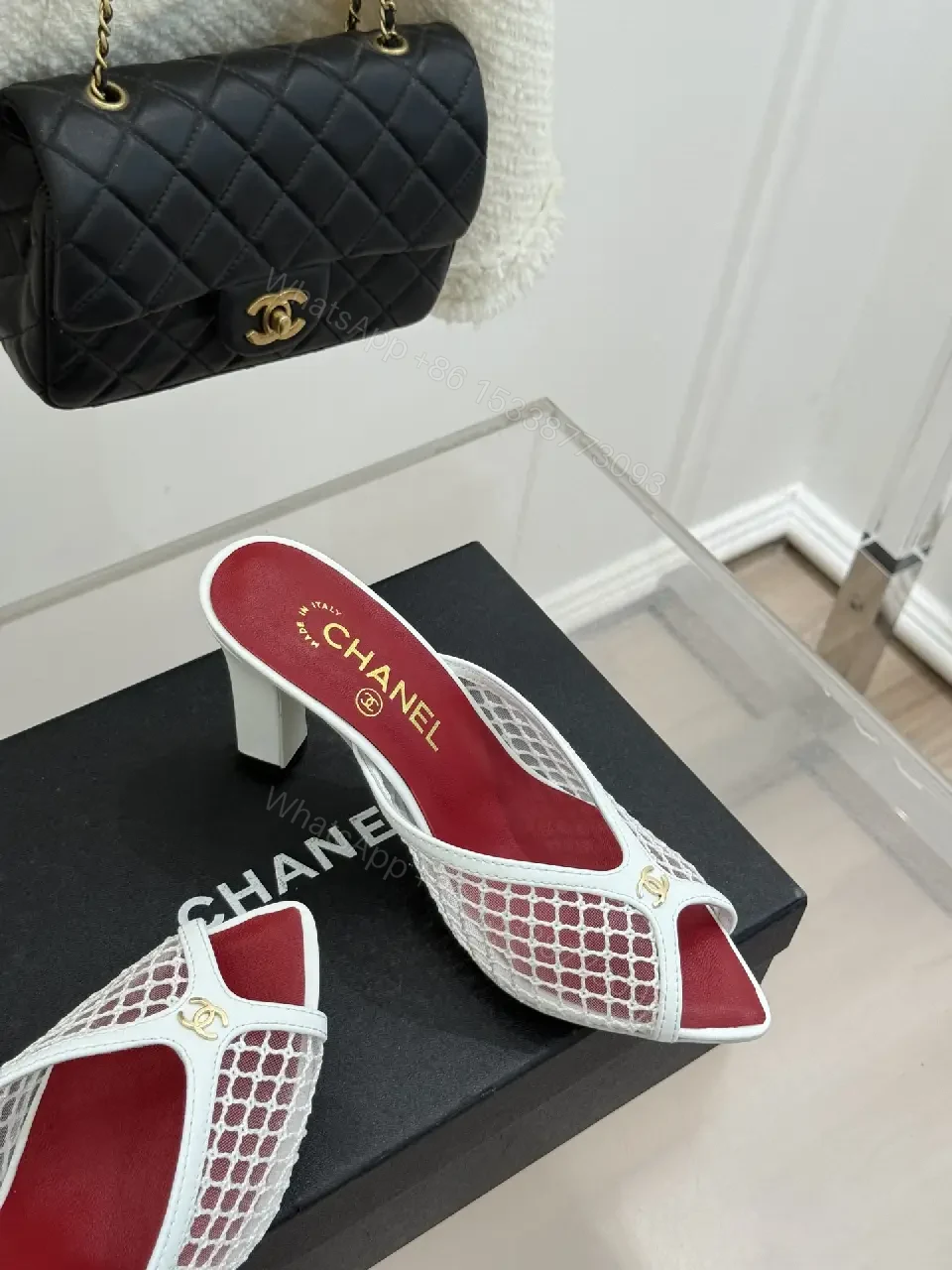 View 3 of White Mesh Leather Mule Heeled Slide Sandals