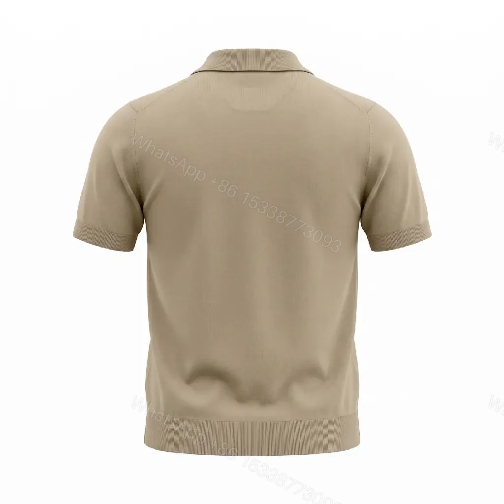 View 3 of Beige Knit Polo Shirt with V-Neck, Minimalist