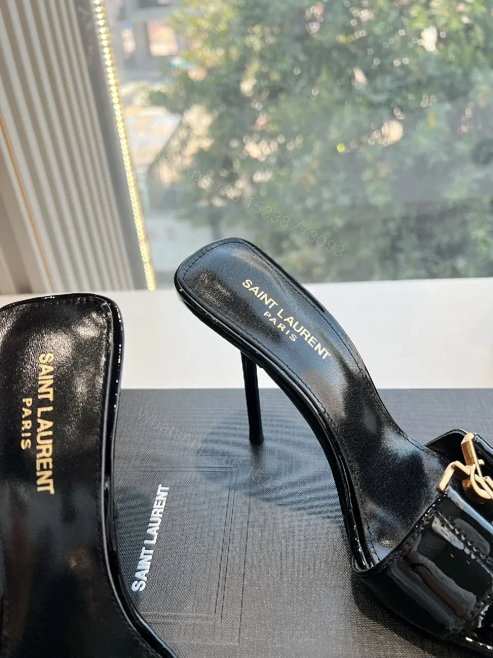 View 8 of Glossy Black Patent Heels with Gold Hardware Mules