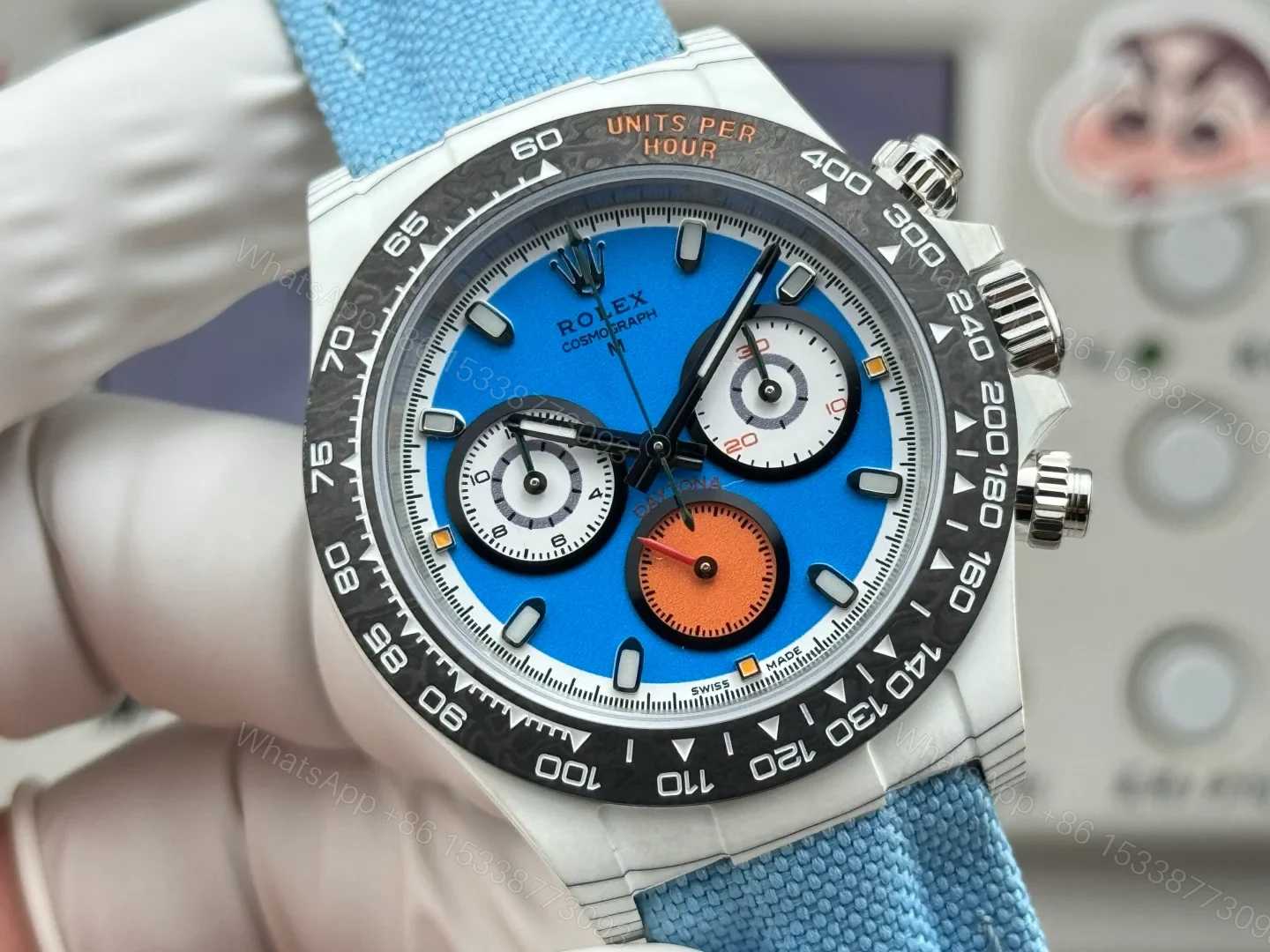View 4 of Rolex Daytona Carbon Fiber Blue Replica 40MM Premium Black Bezel Blue Fabric Strap R74-BLUE