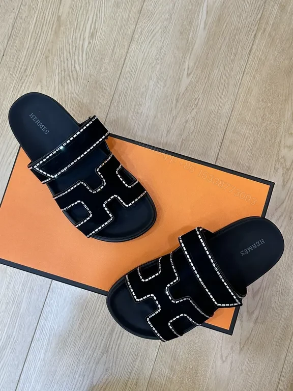 View 9 of Hermes-Inspired Black Slides with Geometric Stitch Detailing