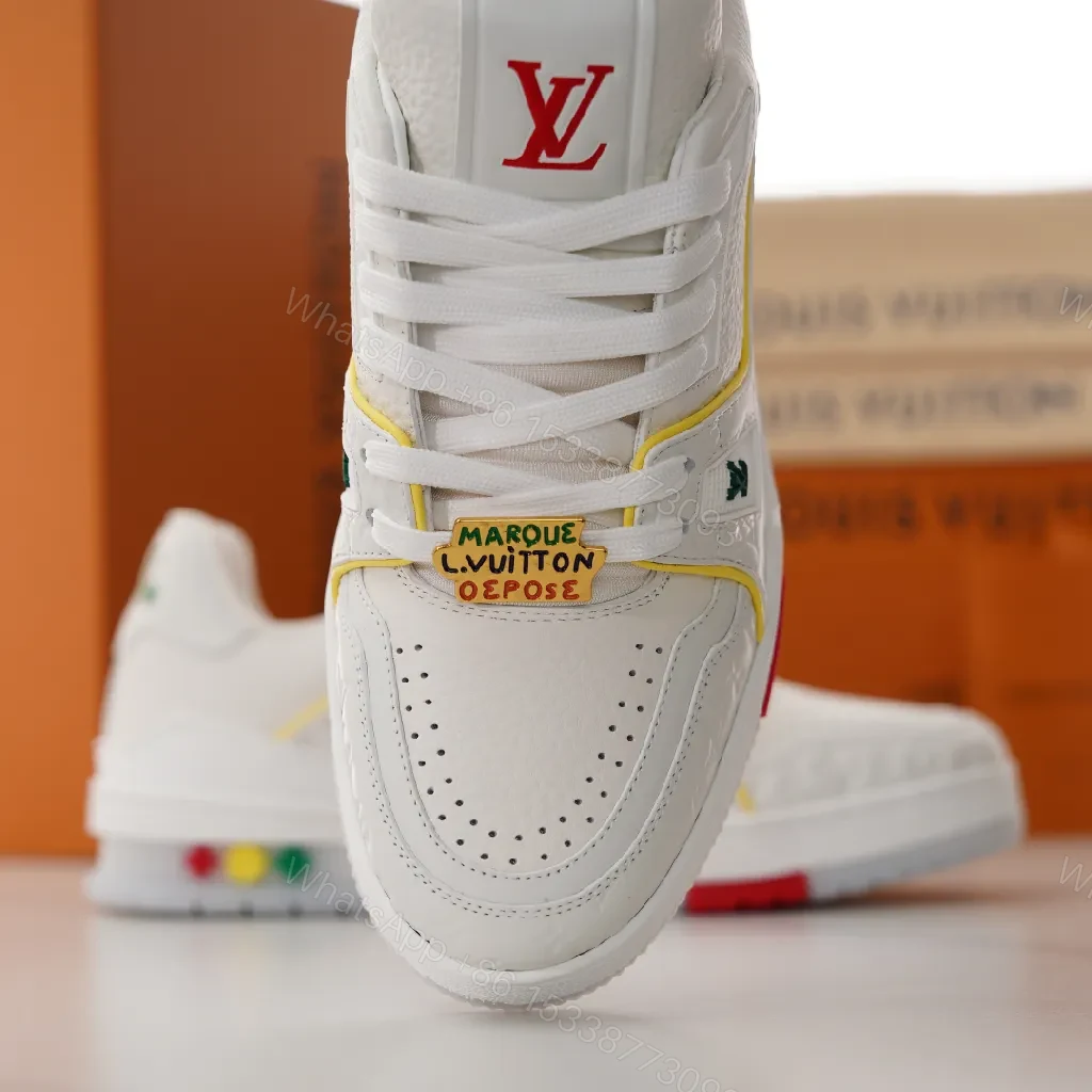 View 6 of White Leather Low-Top Sneakers with Subtle LV Details