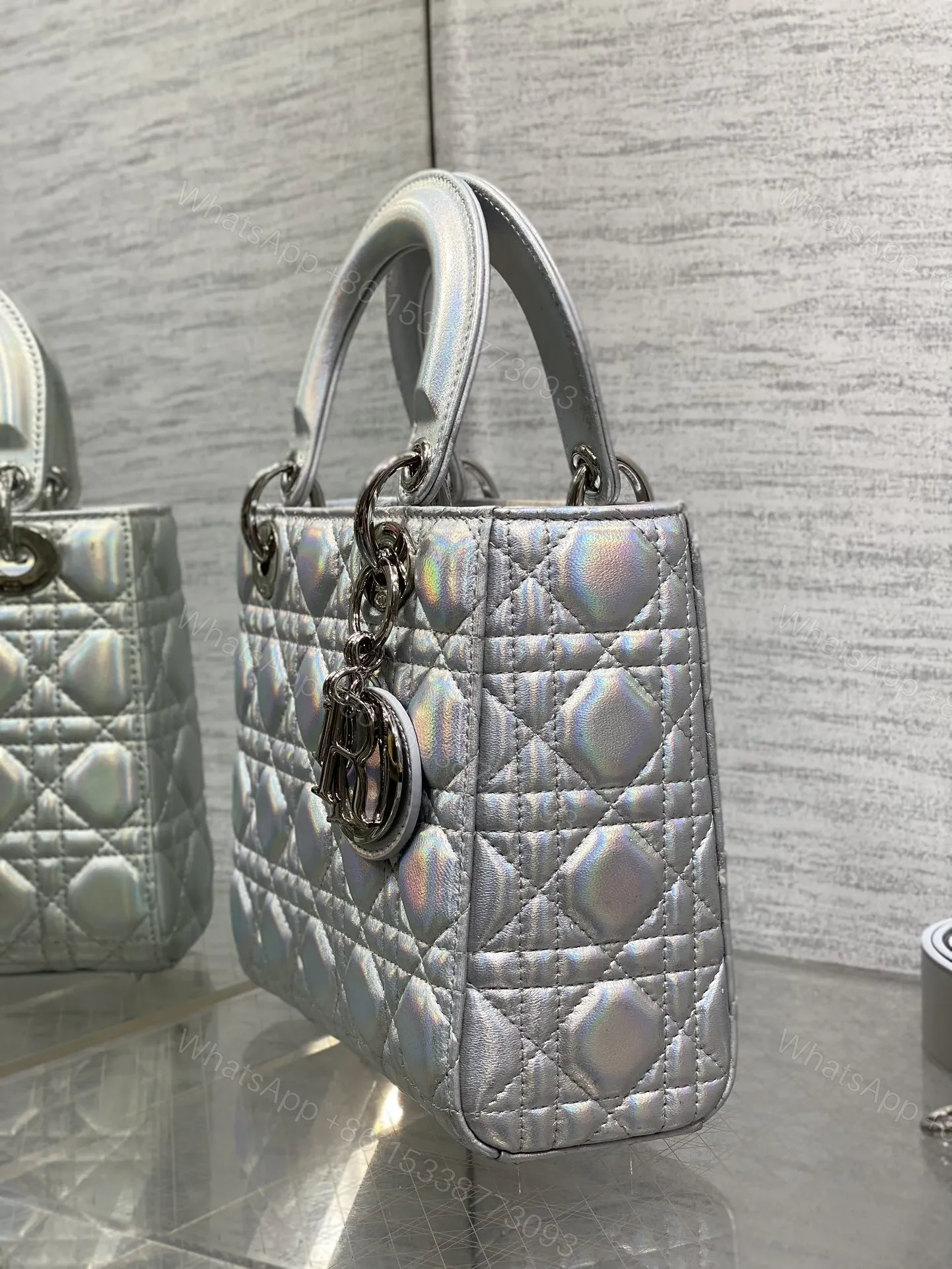 View 4 of Christian Dior metallic silver Cannage lambskin