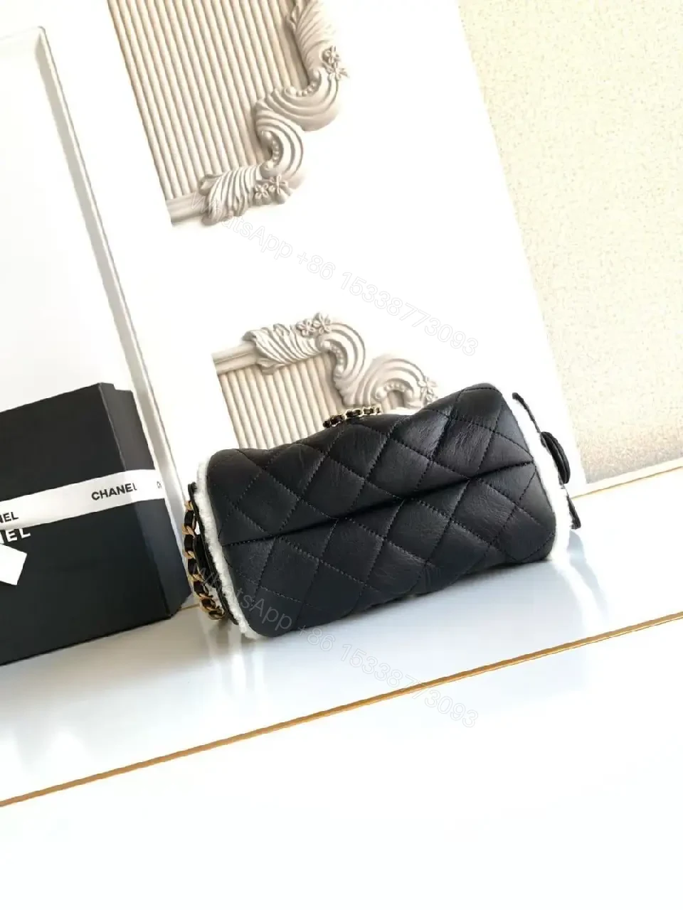 View 4 of Quilted Mini Bag with Faux Shearling Trim - Compact Luxury