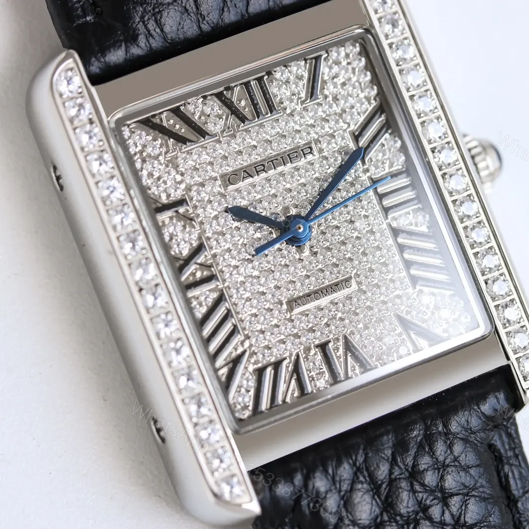 View 2 of AF Factory Cartier Tank MK3 Women’s Automatic Mechanical Watch – Silver with Diamond Bezel, Black Leather Strap