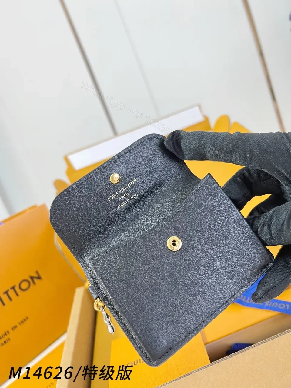 View 4 of Compact Black Canvas Wallet with Gold Accent, Slim, Luxurious, Cardholder