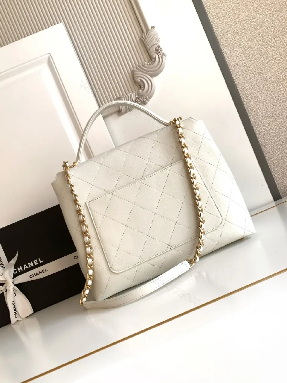 View 3 of White Quilted Leather Bag with Gold Chain Accent, Convertible Shoulder/Crossbody