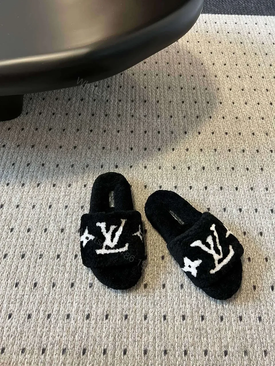 View 9 of Chunky Black Fleece Slides + Monogram Luxe + Open-Back + Plush Comfort + Sliders