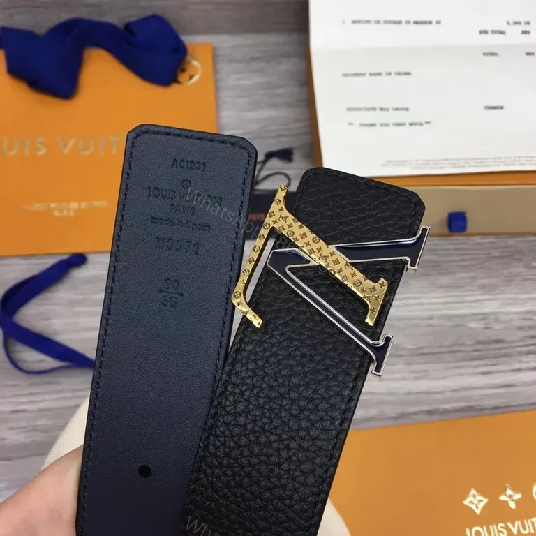 View 5 of Premium Black Pebbled Leather Belt with Gold LV-Inspired Buckle
