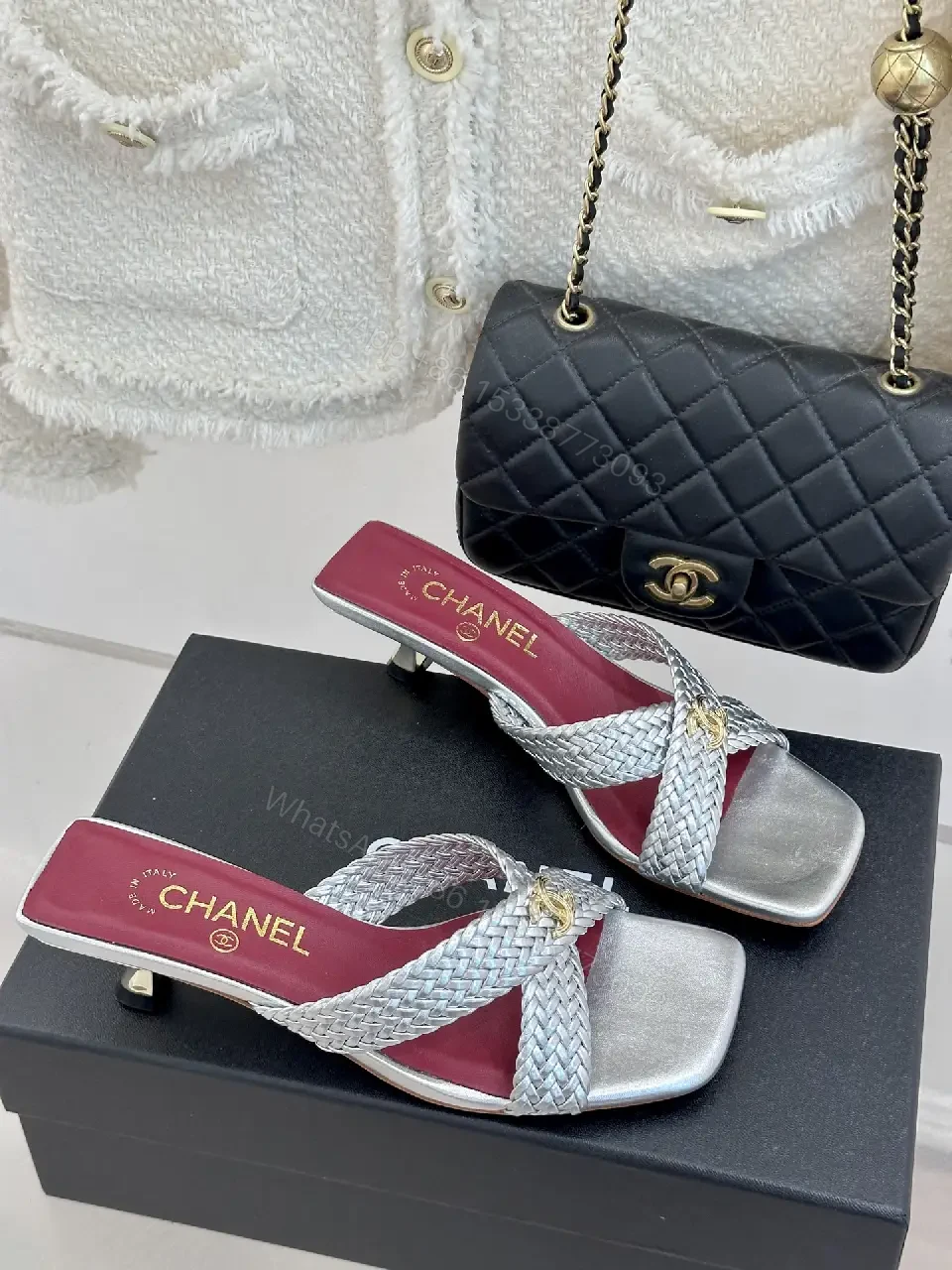 View 3 of Silver Braided Slides Metallic Chanel-inspired Cushioned Comfort Mules