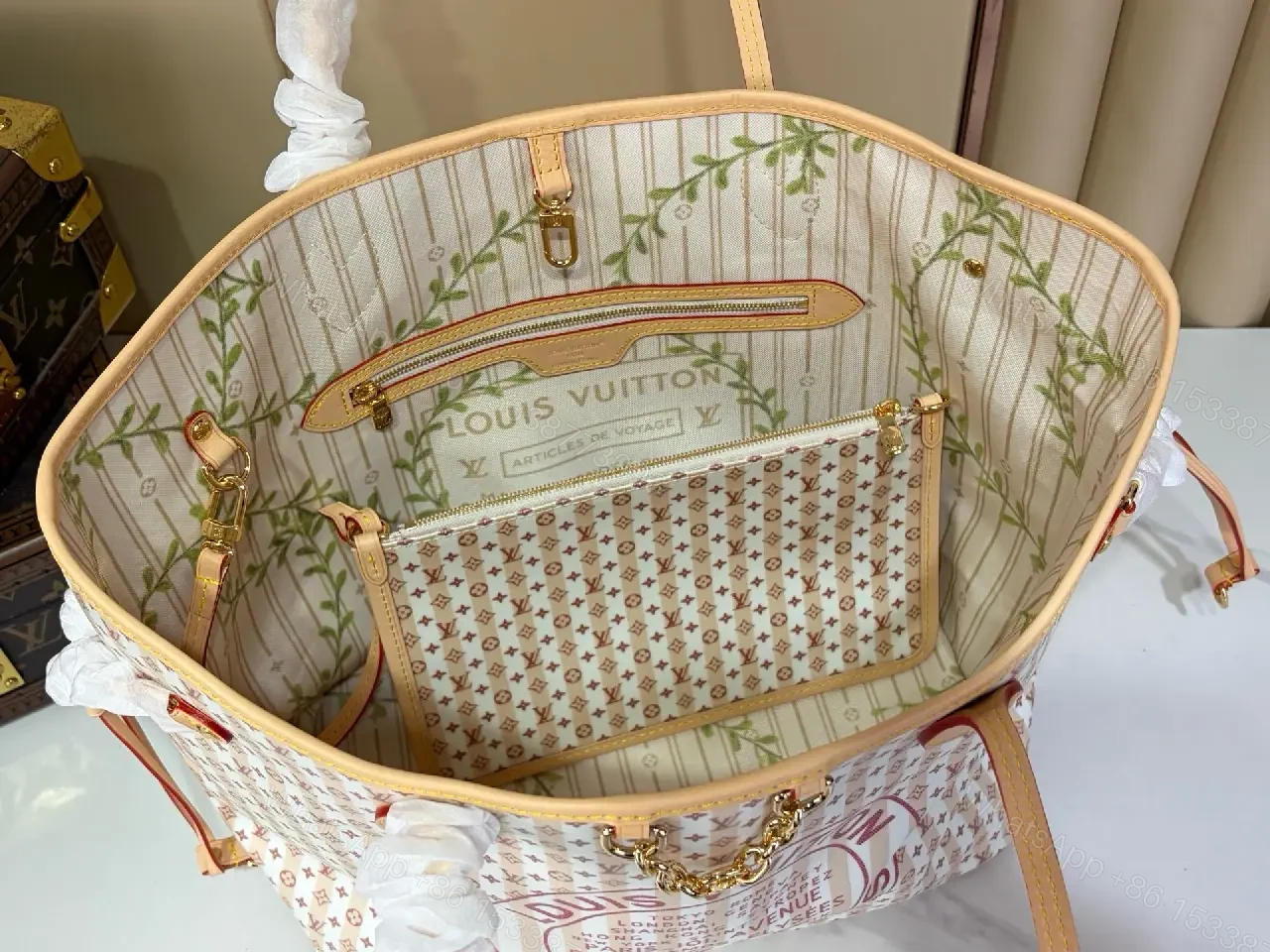 View 3 of White Tote Bag with Brown Trim and LV Monogram Details