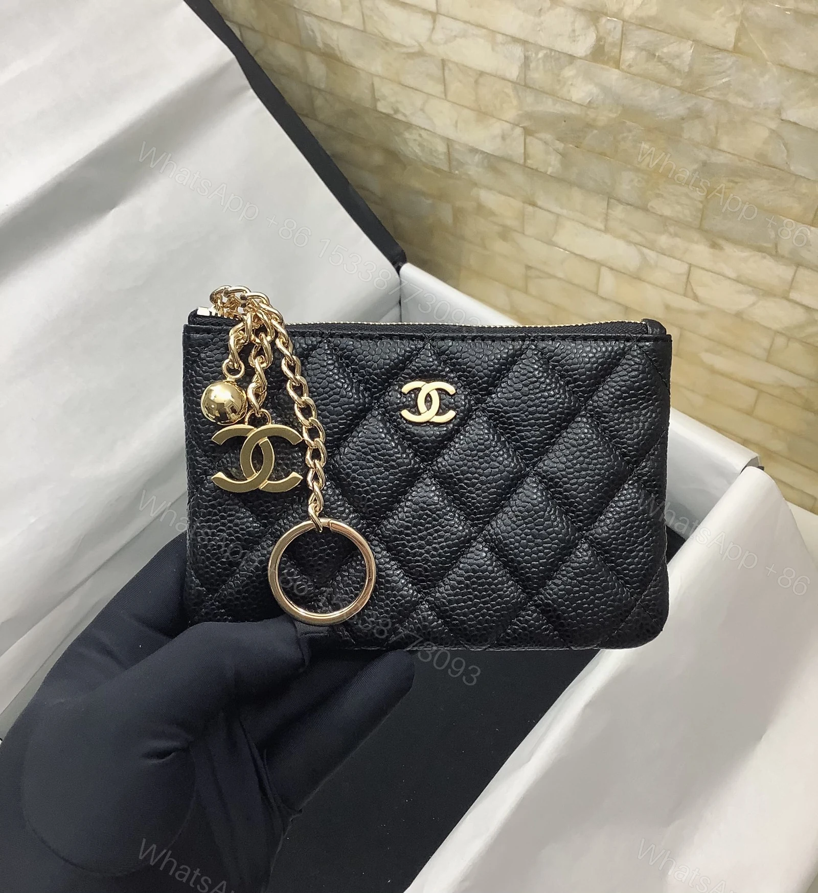 Chanel高仿菱格鏈條零錢包女士款黑色魚子醬皮迷你精品小包 — view 1