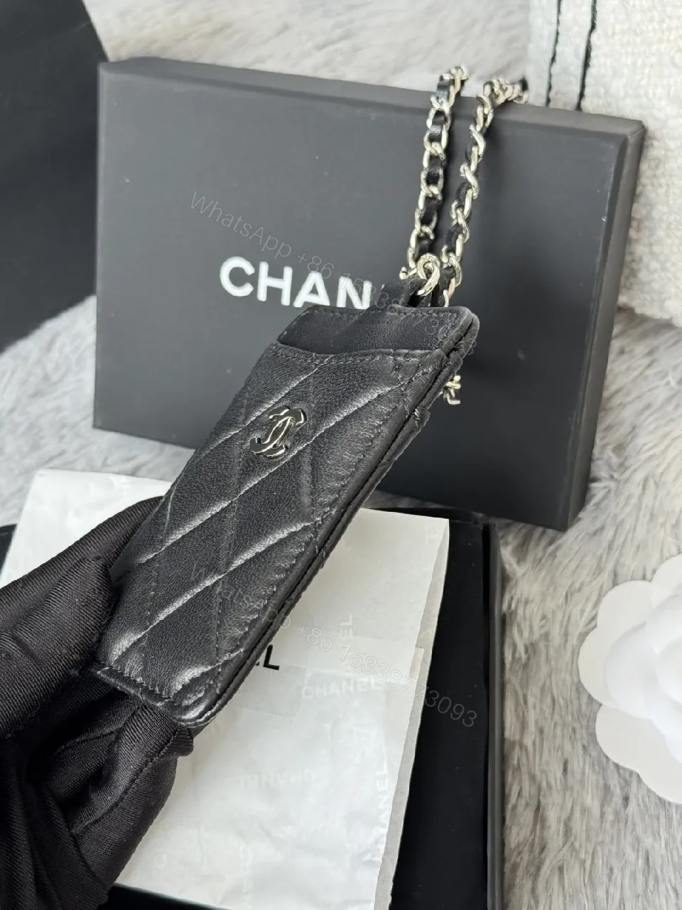 View 6 of Quilted Leather Cardholder with Chain Strap – Black, Luxe Style