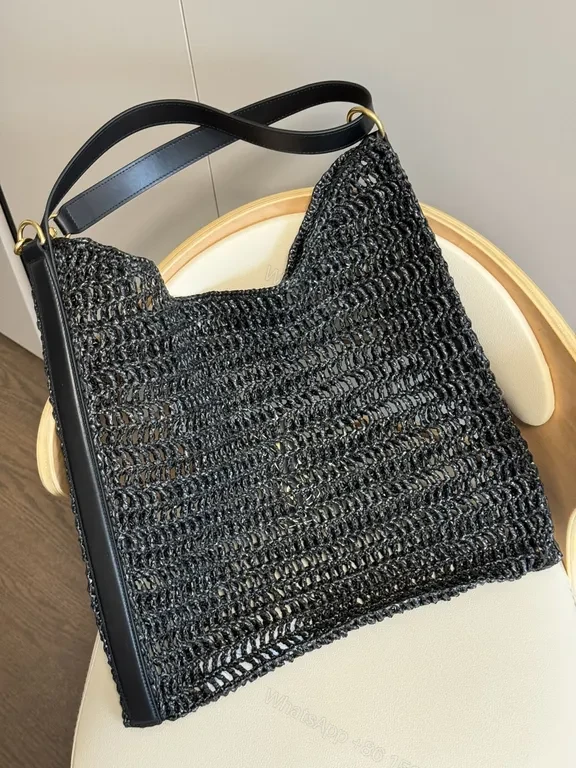 View 5 of Textured Crochet Shoulder Bag with Gold YSL Logo, Luxury Style