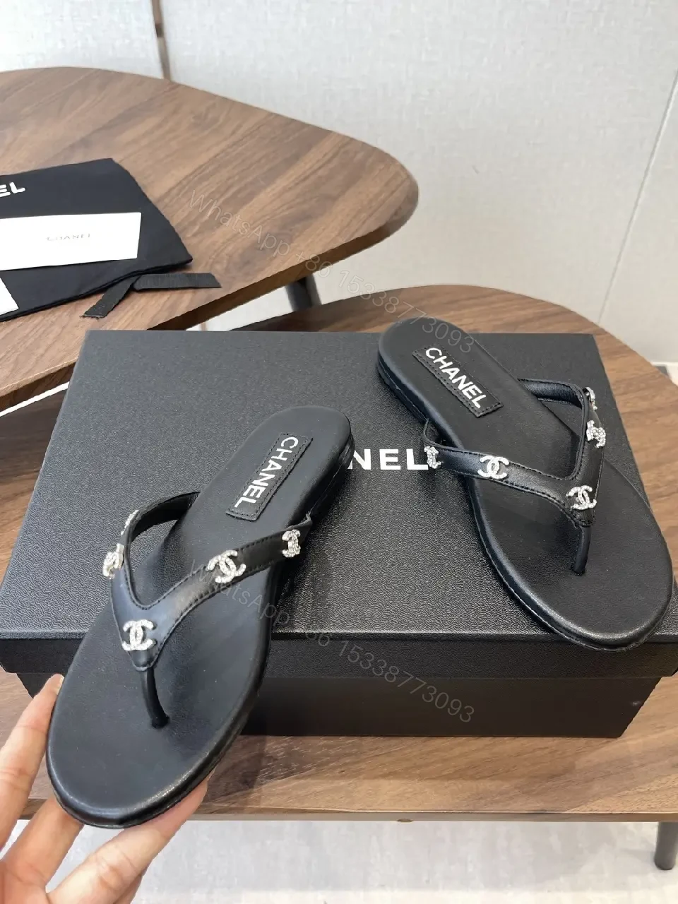 View 6 of Black Leather Flip-Flops Faux Pearl Thong Comfort CHANEL-inspired Sliders