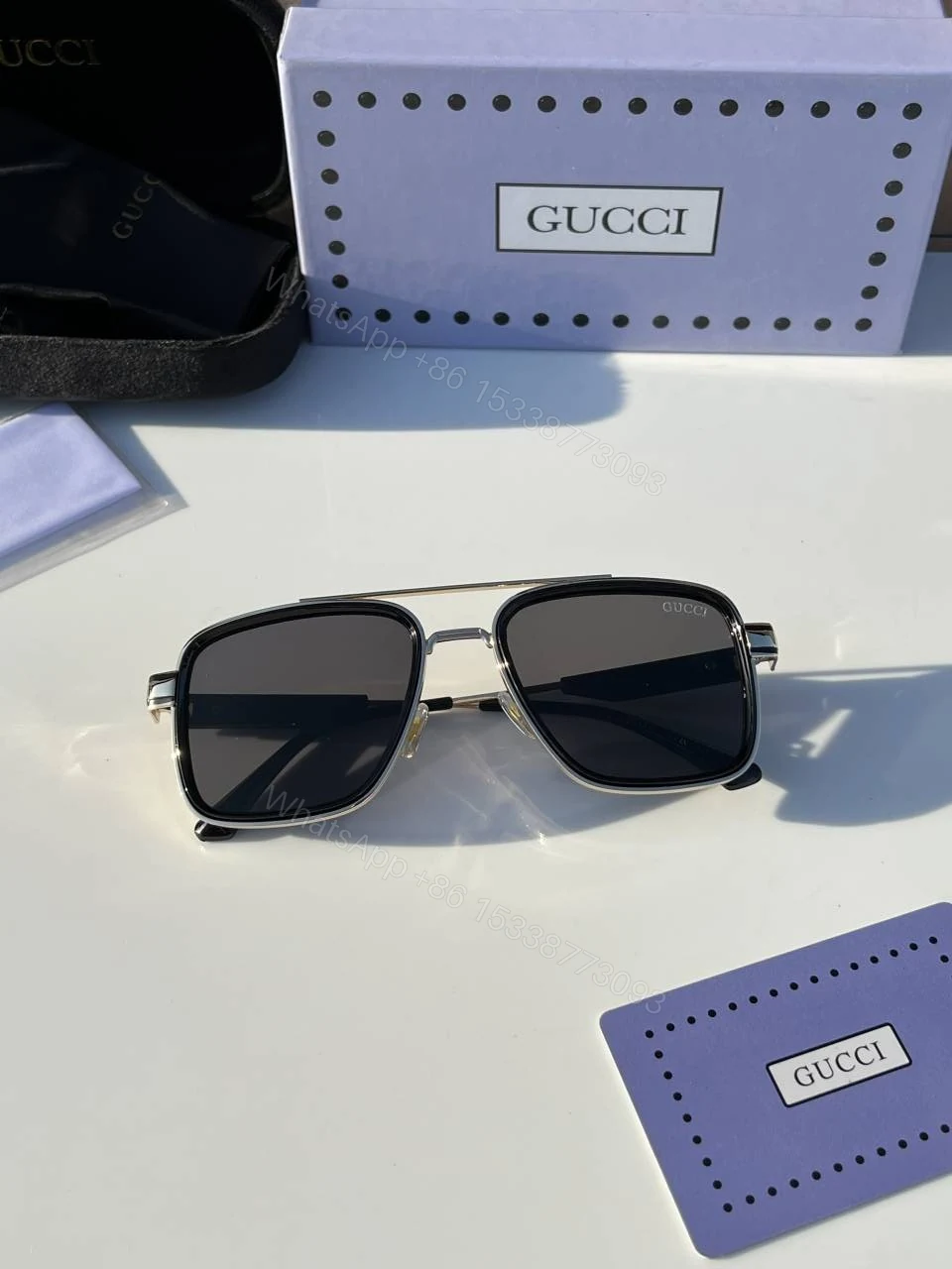 View 2 of First Copy Gucci Navigator Sunglasses Silver Frame Grey Lens