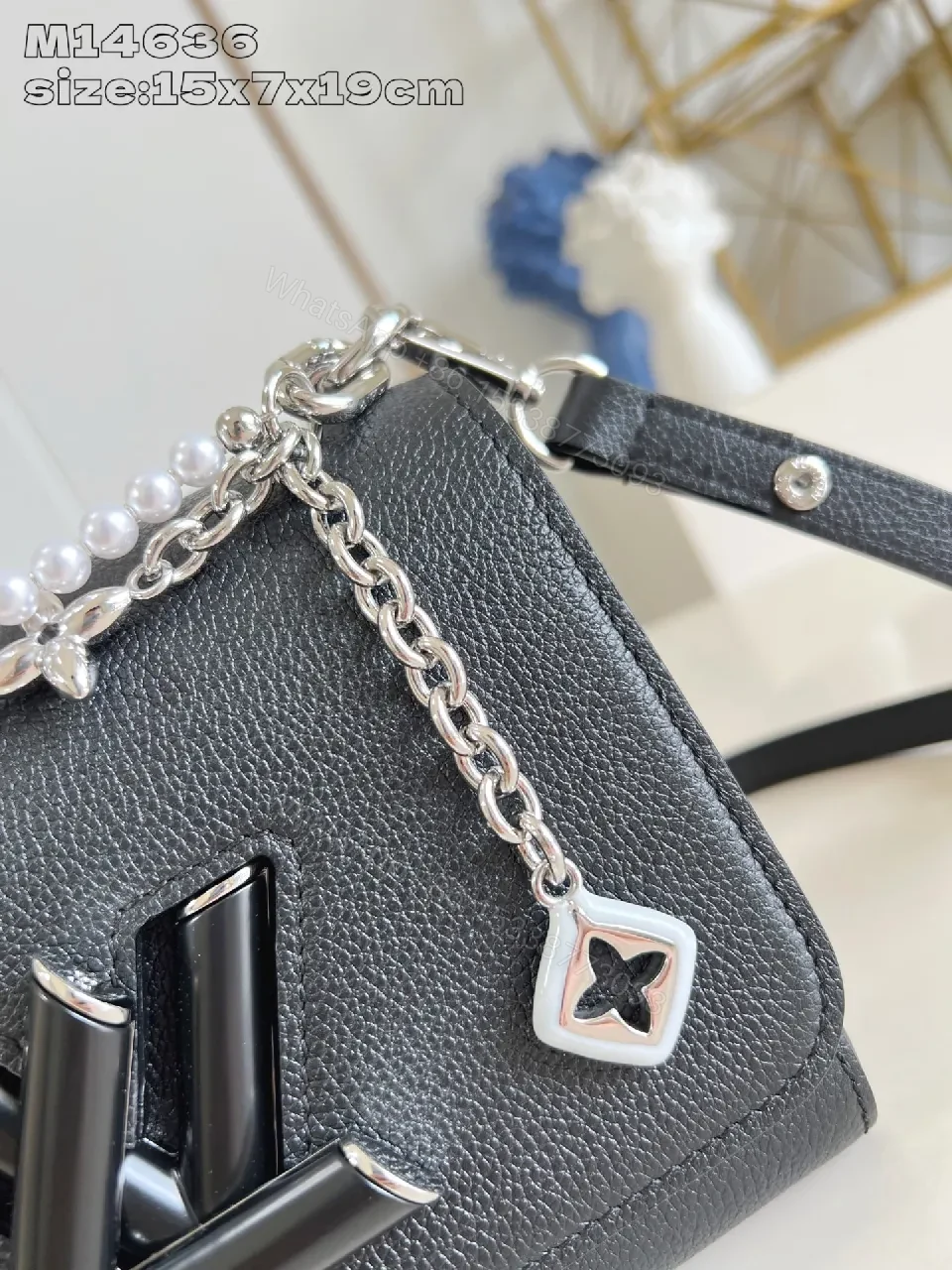 View 5 of Chic Pebbled Leather Crossbody: Pearl & Chain Detail