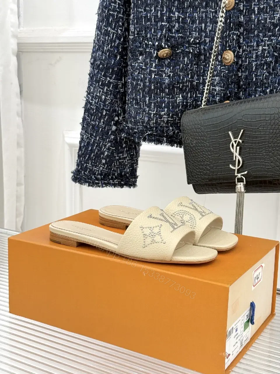 View 9 of Chic Embellished Slides with Crystal LV Detailing