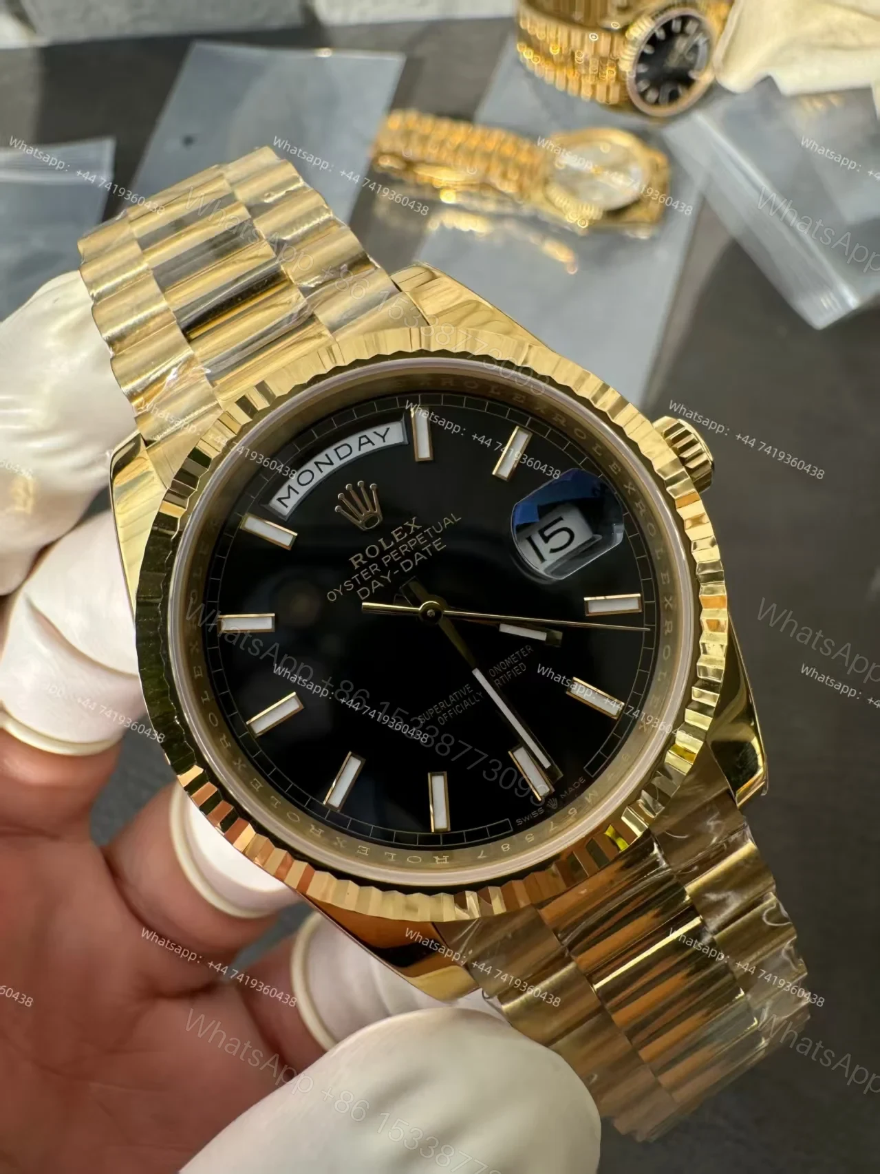 View 15 of Rolex Day-Date M228238-0067 1:1 Replica Gold Black Dial 40MM 3255 Movement Presidential Bracelet Super Clone Watch