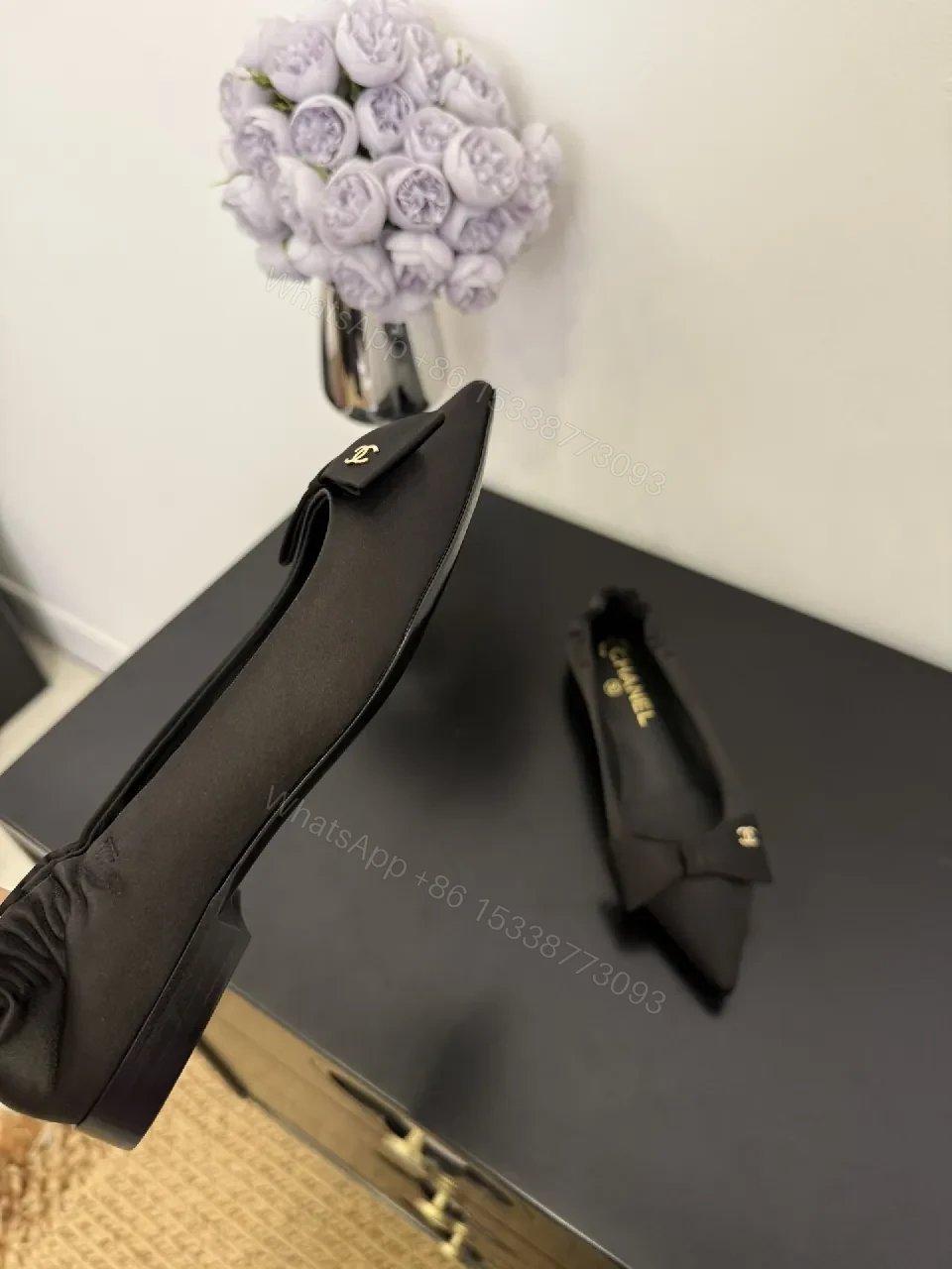 View 3 of Black Satin Pointed-Toe Mules with Bow Detail