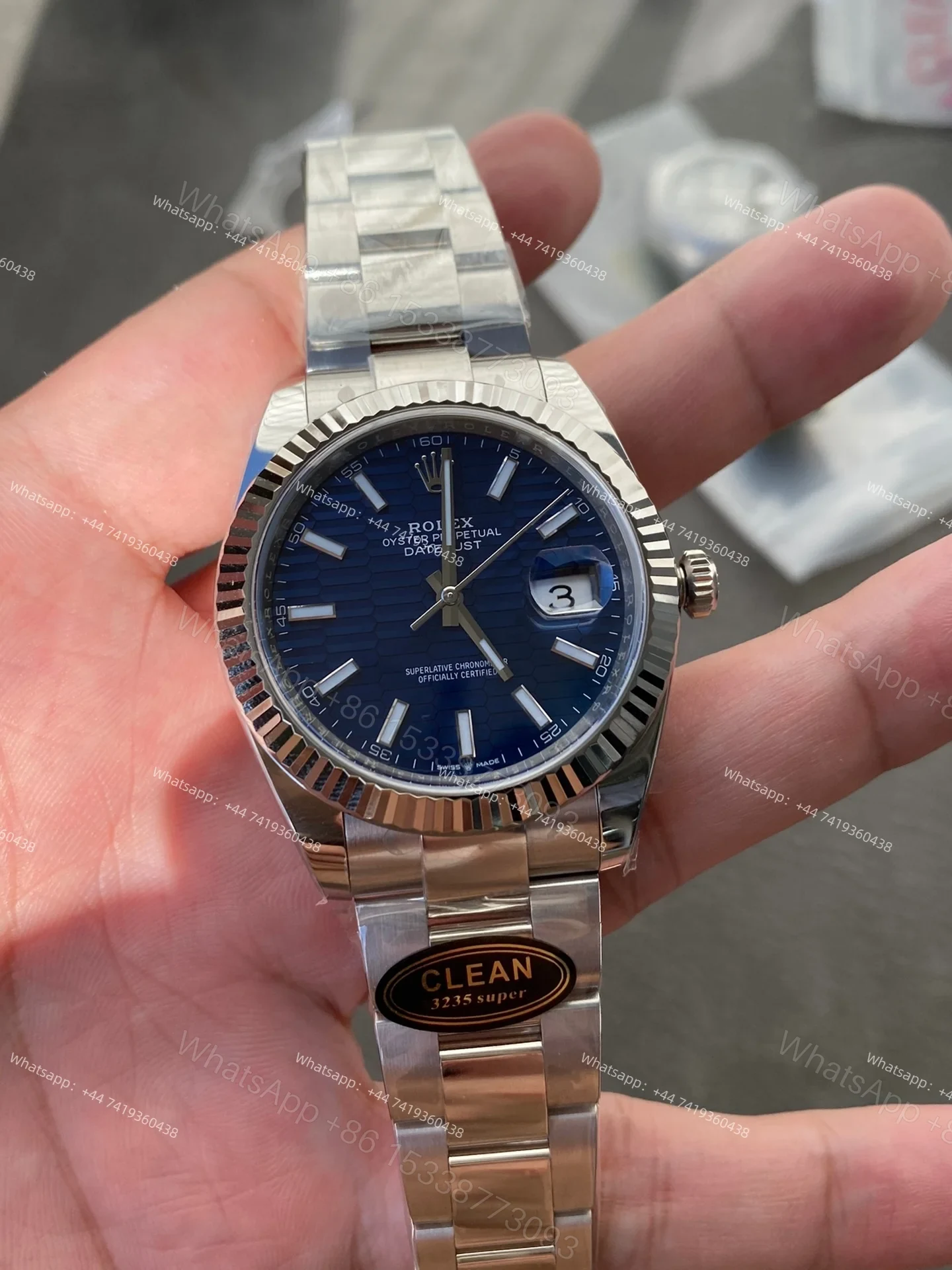View 3 of Rolex Datejust M126334-0031 1:1 Replica Water Ripple Blue Dial Oyster 41MM 3235 Movement Super Clone Watch