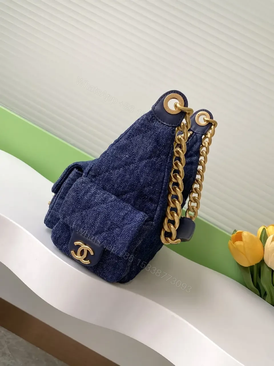 View 4 of Denim-Texture Luxe Shoulder Bag with Gold Hardware