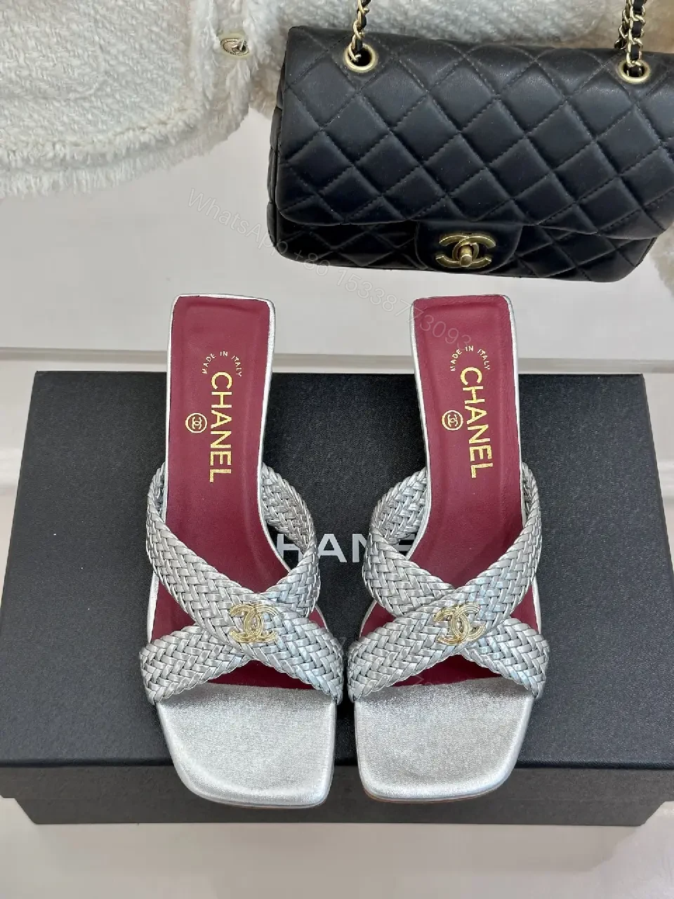 View 7 of Silver Braided Slides Metallic Chanel-inspired Cushioned Comfort Mules