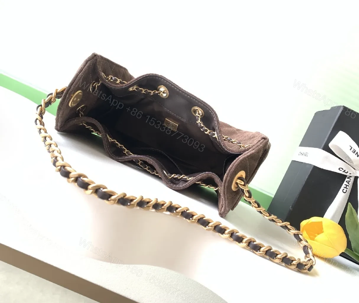 View 7 of Brown Velvet Quilted Shoulder Bag with Gold Chain