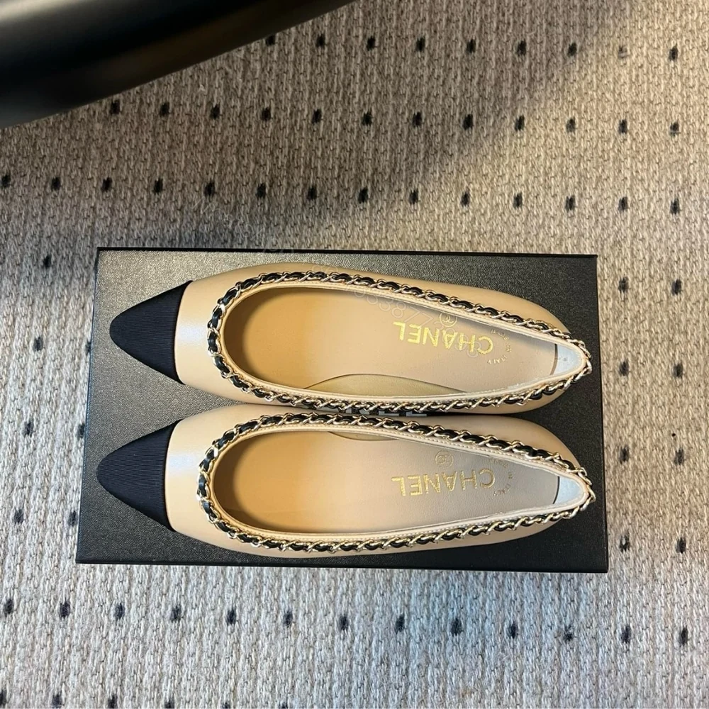 View 3 of CHANEL AND FABRIC CC CHAIN LINK BALLET FLATS BEIGE AND BLACK