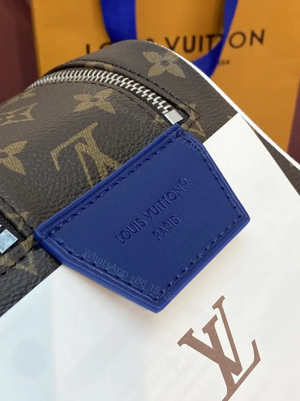 View 3 of Blue Leather Trim Toiletry Bag: Monogram Canvas, LV Zippers, Adjustable Strap