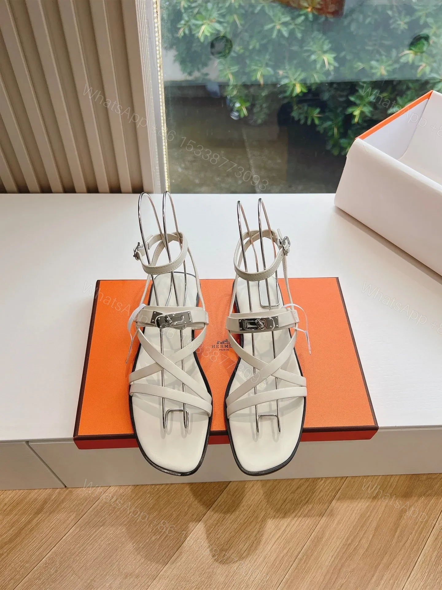 Hermes Women White Leather Strappy Sandals — view 1