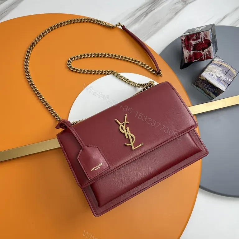 Chic Burgundy Crossbody: Leather, Gold-Logo Luxury Bag — view 1