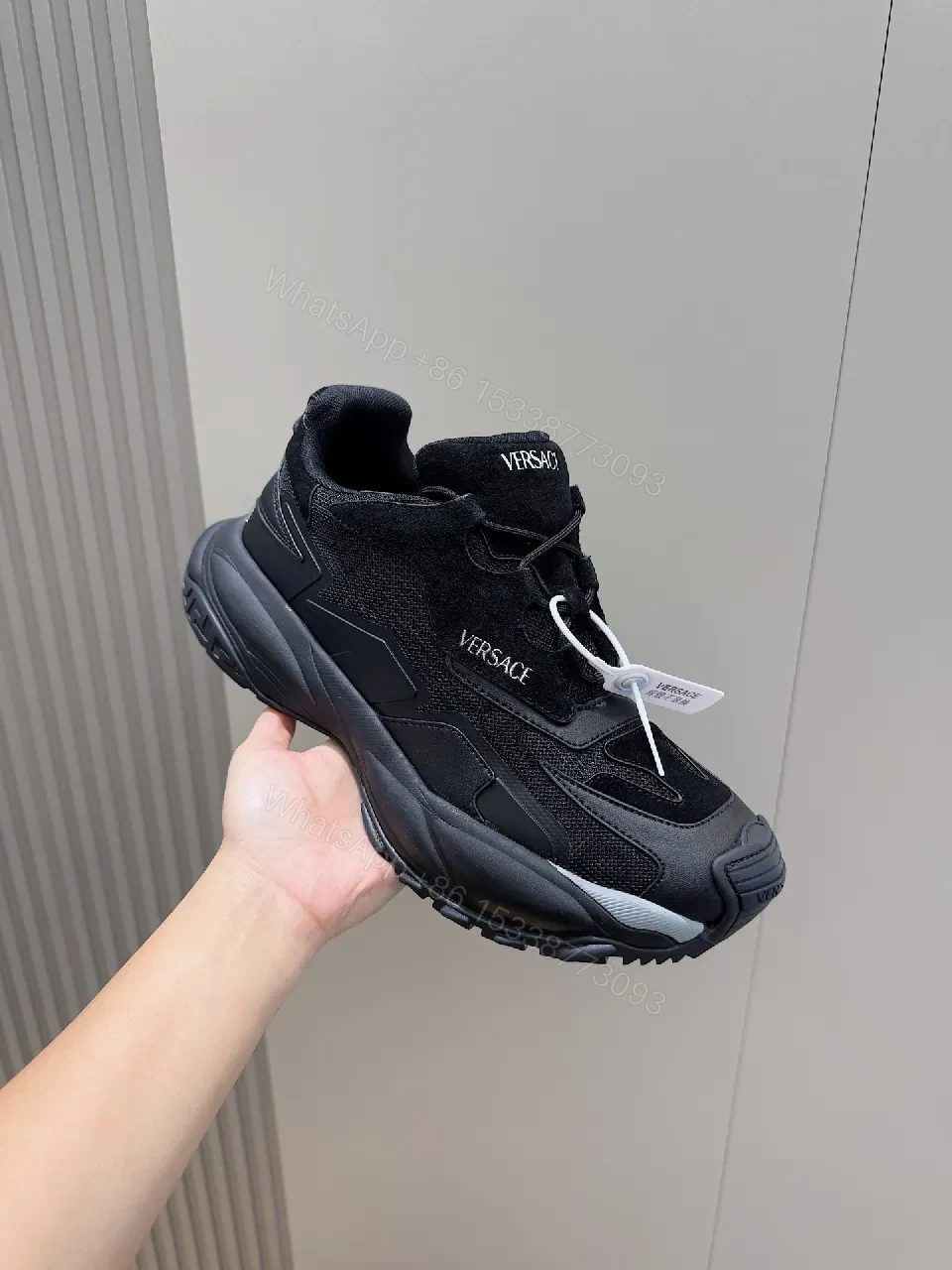 View 4 of Bold Versace-Style Black Knit Sneaker with Luxe Detailing