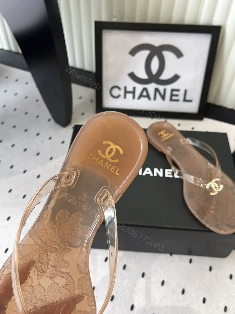 View 4 of Beige Leather Chanel Logo Flip-Flops Sandals