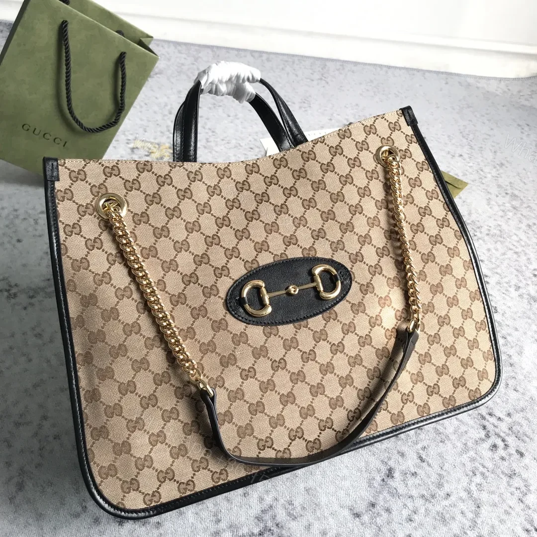 View 2 of Gucci Brown Large GG Canvas 1955 Horsebit Chain Tote Beige