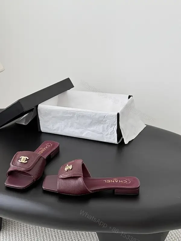 Burgundy Leather Slides – Gold Logo Hardware, Premium Comfort — view 1