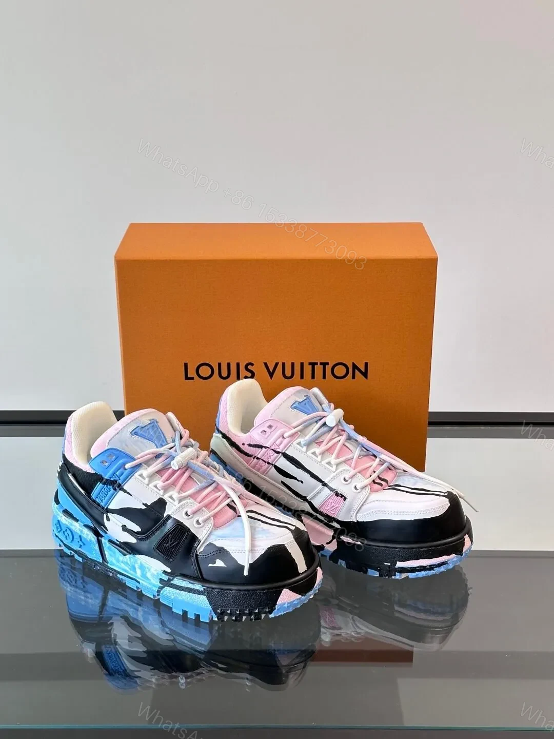 View 5 of LV Men Blue Pink Black Leather Sneakers